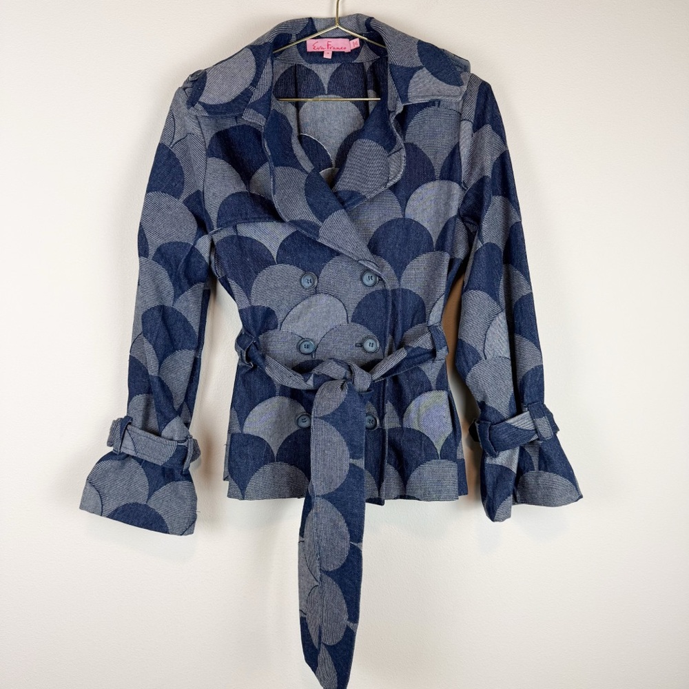 Eva Franco Brex Jacket Atomic Denim Blue Scallop Double Breasted Size 6 - Picture 3 of 14